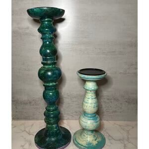 Wooden Green (17 3/4 In) And Light Blue ( 10 1/2 In) Distressed Candle Holders